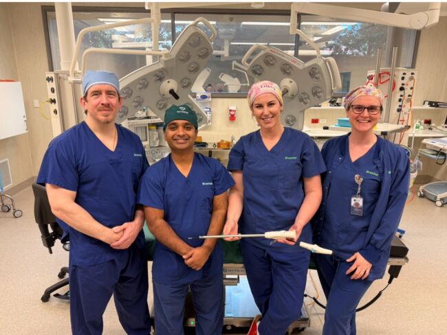 EVH Story Photo Pictured: The team supporting endoscopic vein harvesting at Braemar. From left cardiothoracic surgeons David McCormack, Nishith Patel, and Registered Nurse First Surgical Assistant Kelsey Abercrombie and Braemar Associate Theatre Manager Daphne Van Dam.